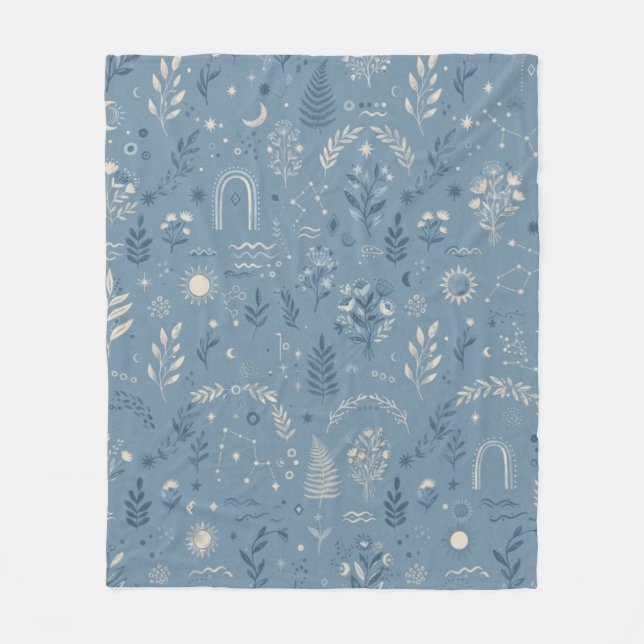 Boho Celestial Botanical Dusty Blue Cosy Throw Fleece Blanket (Front)