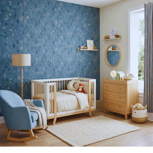 Boho Celestial Botanical Dusty Blue Pattern Wallpaper (Trendy whimsical dusty blue wallpaper. Magical celestial night & rainbow peel & stick wall decor!)