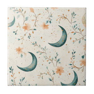 Boho Celestial Floral Moon Pattern (1) Ceramic Tile