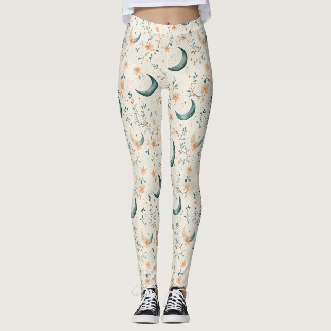 Boho Celestial Floral Moon Pattern (1) Leggings (Front)