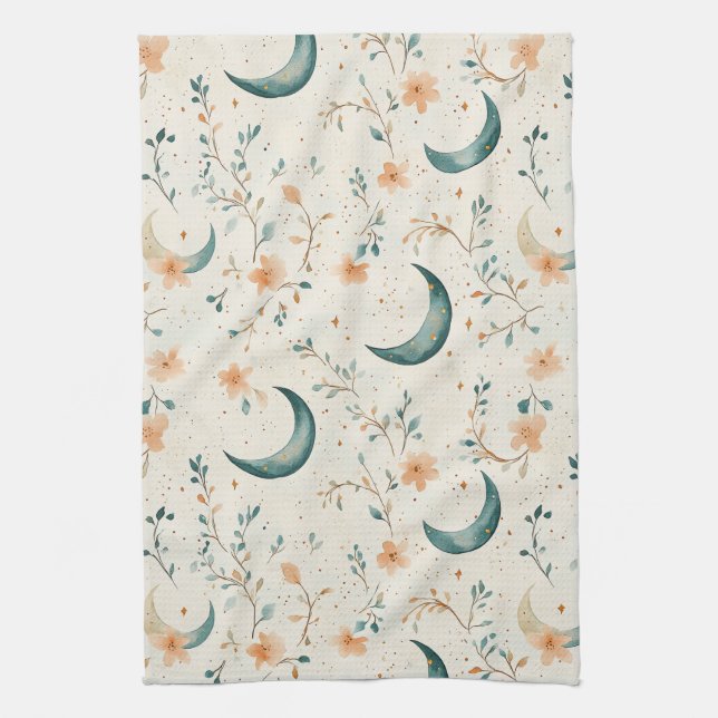 Boho Celestial Floral Moon Pattern (1) Tea Towel (Vertical)