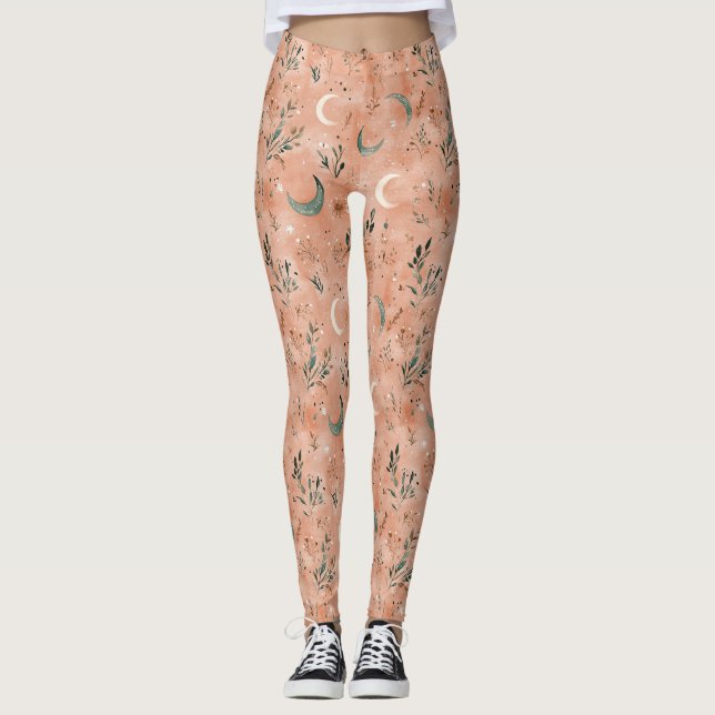 Boho Celestial Floral Moon Pattern (4) Leggings (Front)