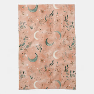 Boho Celestial Floral Moon Pattern (4) Tea Towel
