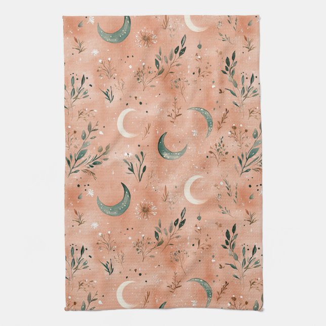 Boho Celestial Floral Moon Pattern (4) Tea Towel (Vertical)