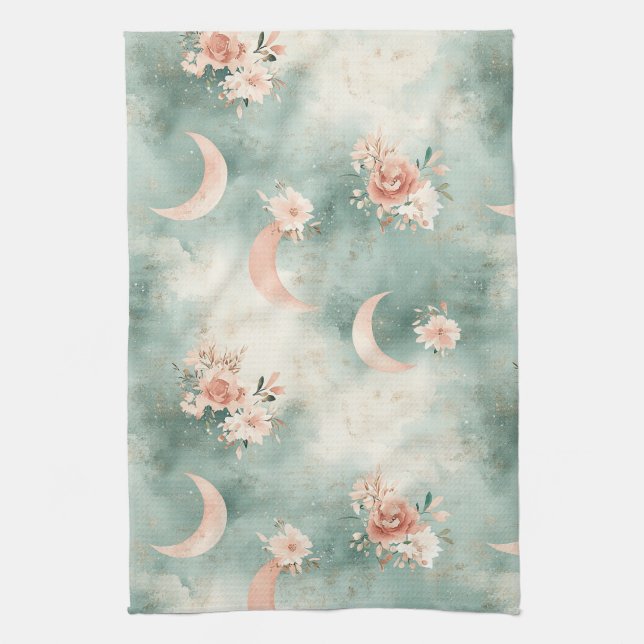 Boho Celestial Floral Moon Pattern (7) Tea Towel (Vertical)