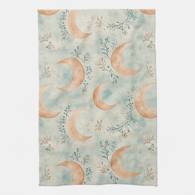 Boho Celestial Floral Moon Pattern (8) Tea Towel (Vertical)