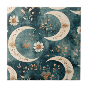 Boho Celestial Floral Moon Pattern (9) Ceramic Tile