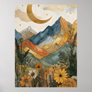 Boho Celestial Gold Moon Mountain Wildflower Poster