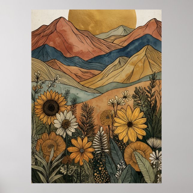 Boho Celestial Gold Sun Mountain Sunflower Poster (Front)