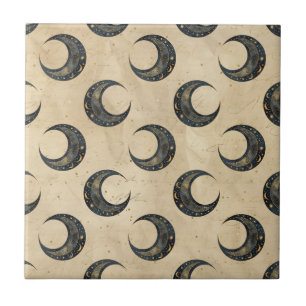 Boho Celestial Moon Gold Pattern Ceramic Tile