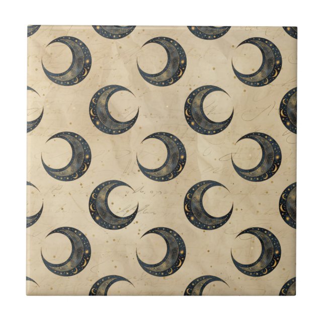 Boho Celestial Moon Gold Pattern Ceramic Tile (Front)