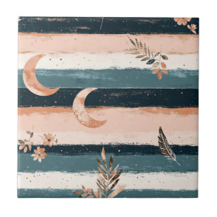 Boho Celestial Moon Stripe in Earth Tones Ceramic Tile