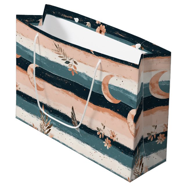 Boho Celestial Moon Stripe in Earth Tones Large Gift Bag (Front Angled)