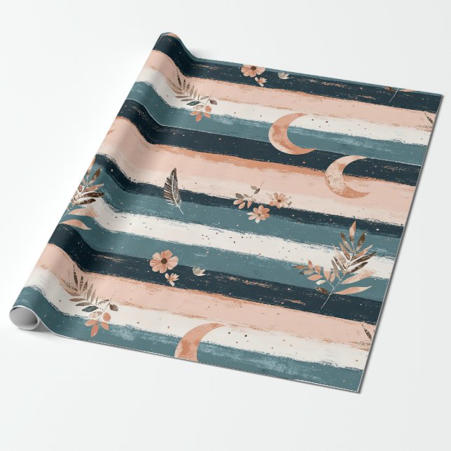 Boho Celestial Moon Stripe in Earth Tones Wrapping Paper (Unrolled)