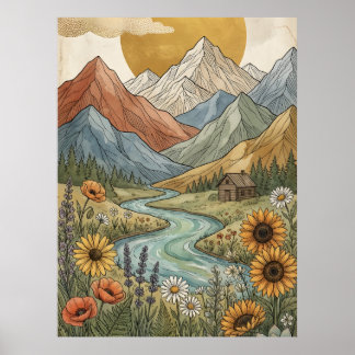 Boho Celestial Mountain Cabin River Sunflower Poster