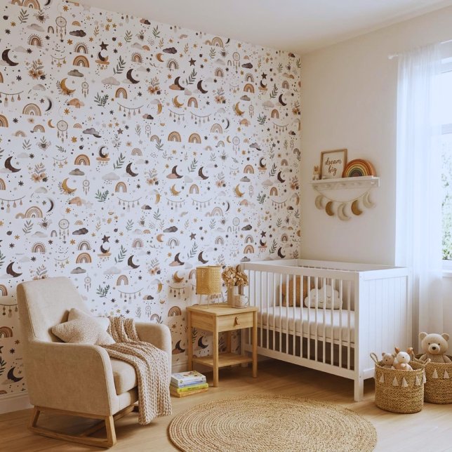 Boho Celestial Nursery Wallpaper | Neutral Moon an (Trendy boho nursery wallpaper. Creative starry sky & rainbow peel & stick wall decor!)