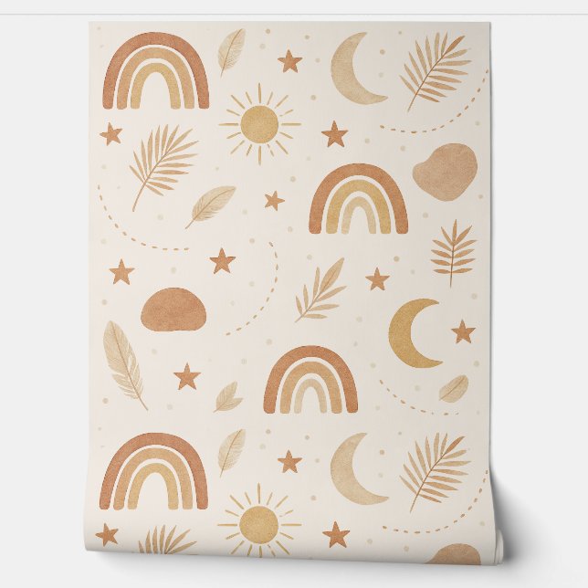 Boho Celestial Rainbow Nursery Wallpaper – Warm  (Unrolling)
