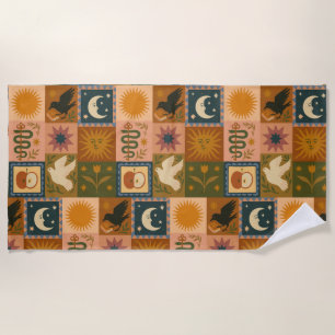 Boho Celestial Retro Sun & Moon Beach Towel