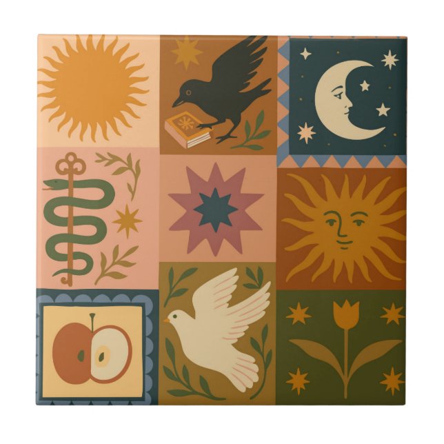 Boho Celestial | Retro Sun & Moon Ceramic Tile (Front)
