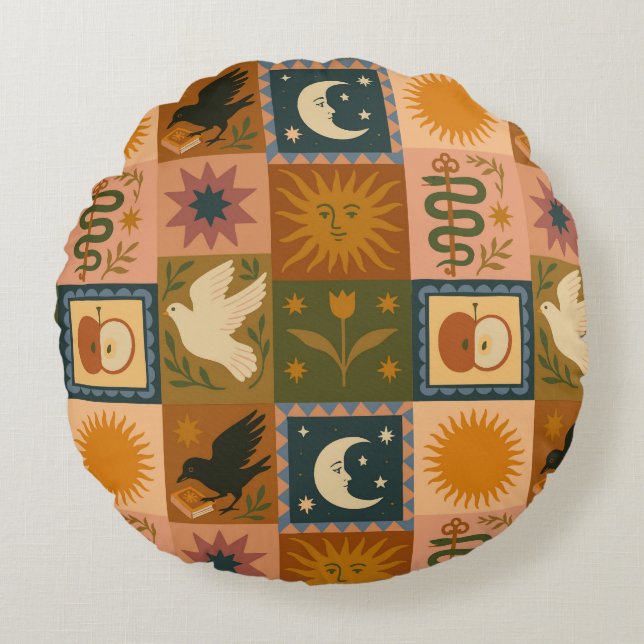 Boho Celestial | Retro Sun & Moon Round Cushion (Front)