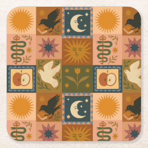 Boho Celestial Retro Sun & Moon Square Paper Coaster