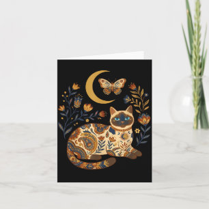 Boho Celestial Siamese Cat Moon Floral Card