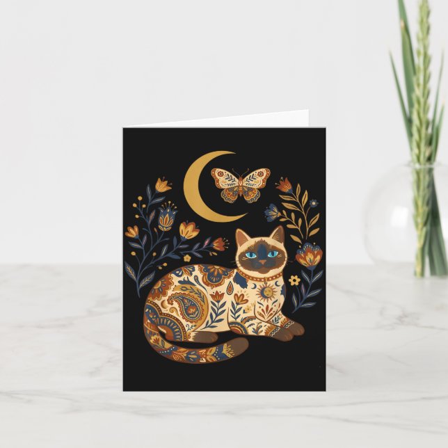 Boho Celestial Siamese Cat Moon Floral Card (Front)