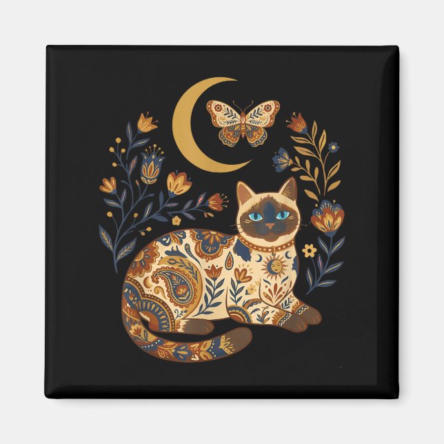 Boho Celestial Siamese Cat Moon Floral Magnet (Front)