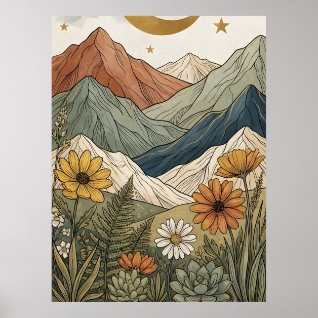 Boho Celestial Starry Mountain Succulent Poster (Front)