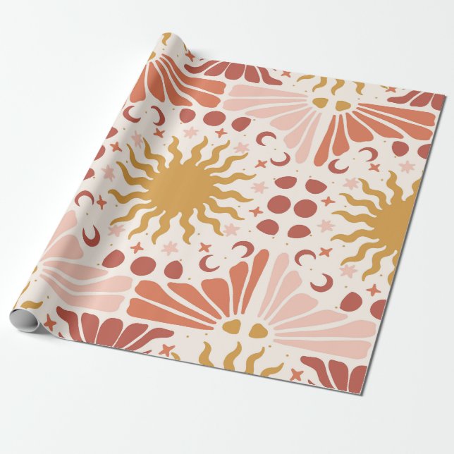 Boho Celestial Sun and Moon Garden Wrapping Paper (Unrolled)