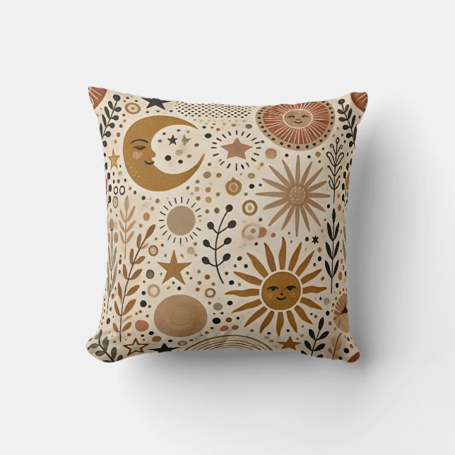 Boho Celestial Sun and Moon Pattern Cushion (Front)