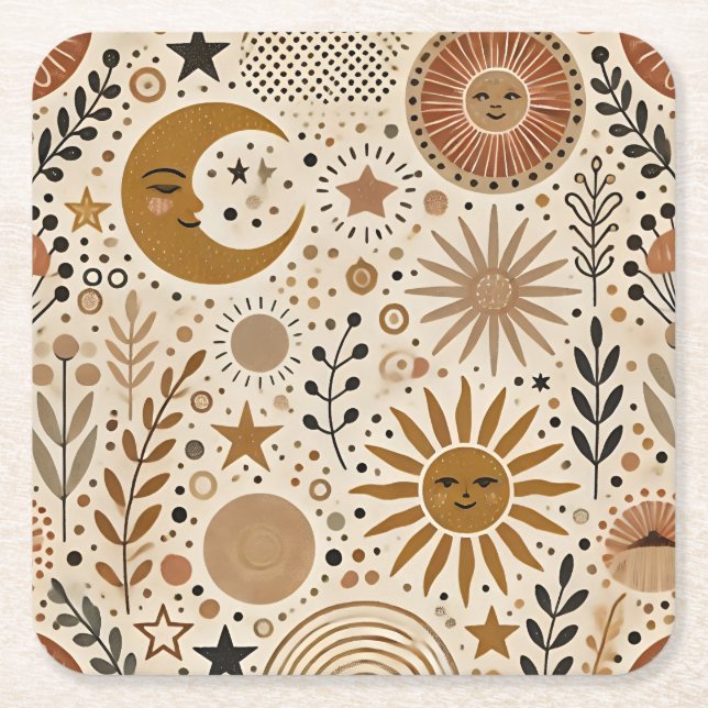 Boho Celestial Sun and Moon Pattern Square Paper Coaster (Front)