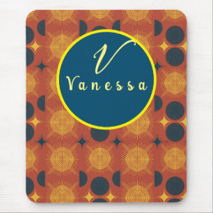 Boho Celestial Sun Moon Monogram Script Mouse Pad