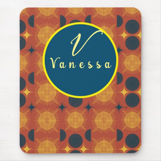 Boho Celestial Sun Moon Monogram Script Mouse Pad (Front)