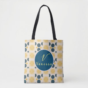 Boho Celestial Sun Moon Monogram Script Tote Bag