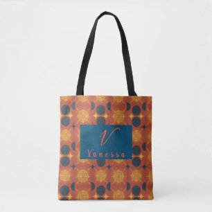 Boho Celestial Sun Moon Monogram Script Tote Bag