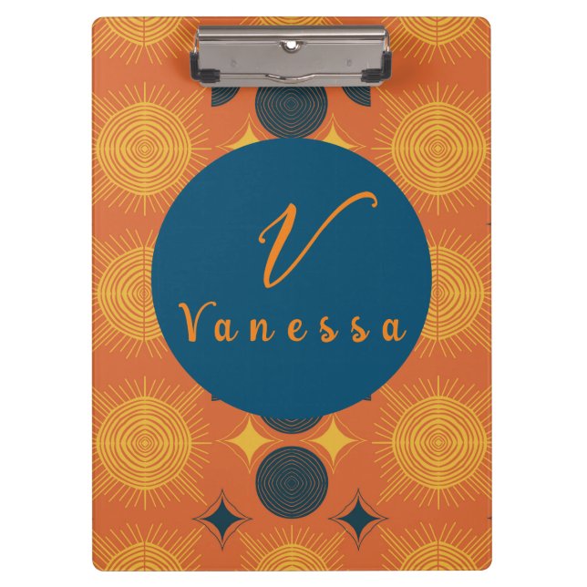 Boho Celestial Sun Moon Orange Monogram Script  Clipboard (Front)