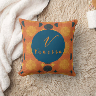 Boho Celestial Sun Moon Orange Monogram Script Cushion
