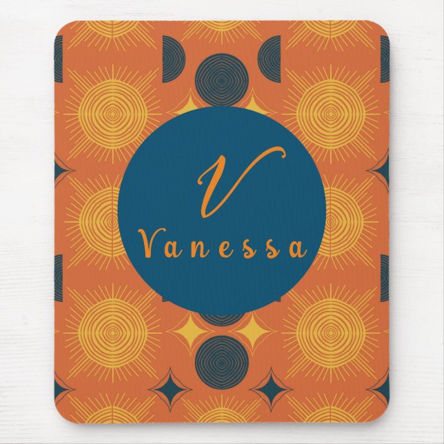Boho Celestial Sun Moon Orange Monogram Script Mouse Pad (Front)