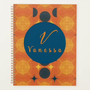 Boho Celestial Sun Moon Orange Monogram Script Planner