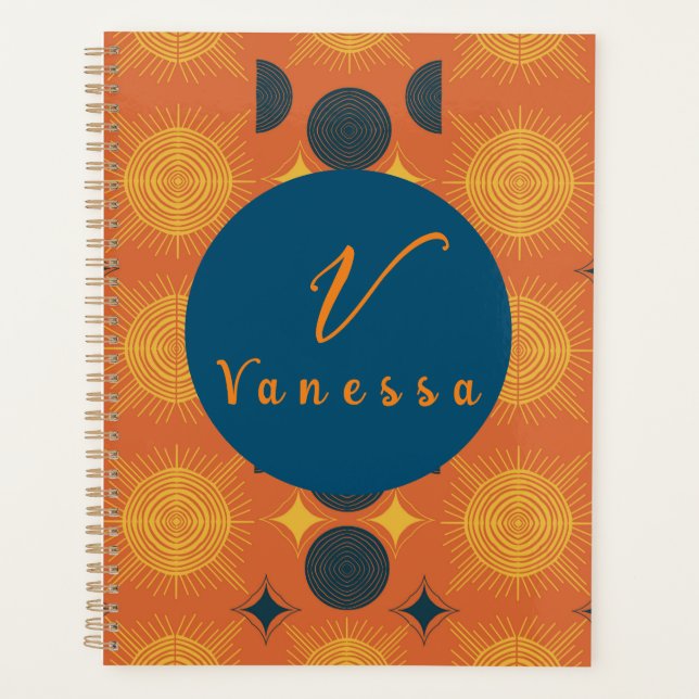 Boho Celestial Sun Moon Orange Monogram Script  Planner (Front)