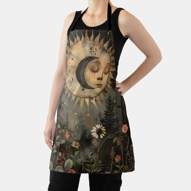 Boho Celestial Sun Moon Wildflower Garden Apron (Insitu)