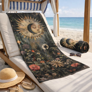 Boho Celestial Sun Moon Wildflower Garden Beach Towel