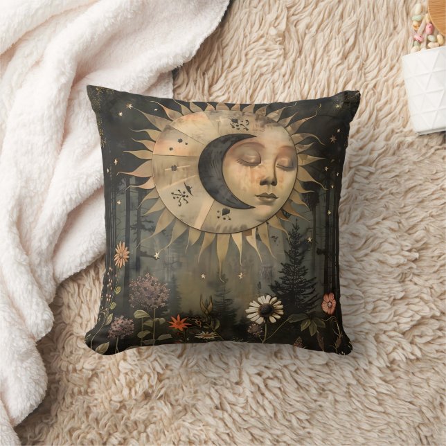 Boho Celestial Sun Moon Wildflower Garden Cushion (Blanket)