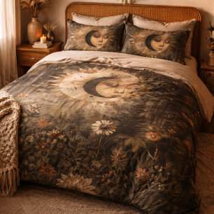 Boho Celestial Sun Moon Wildflower Garden Pillowcase