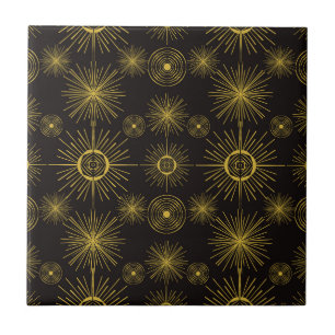 Boho Celestial Sun Stars Black Pattern  Ceramic Tile