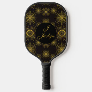 Boho Celestial Sun Stars Black Pickleball Paddle