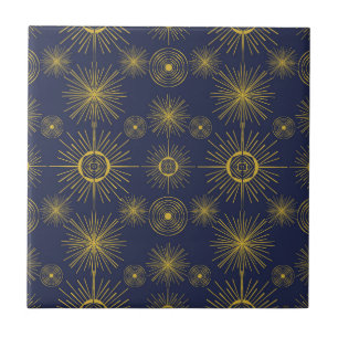 Boho Celestial Sun Stars Blue Pattern  Ceramic Tile