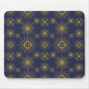 Boho Celestial Sun Stars Blue Pattern Mouse Pad