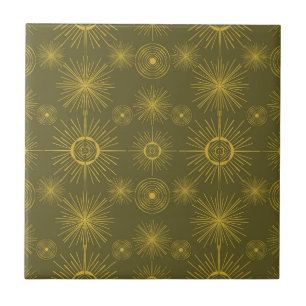 Boho Celestial Sun Stars Green Pattern Ceramic Tile